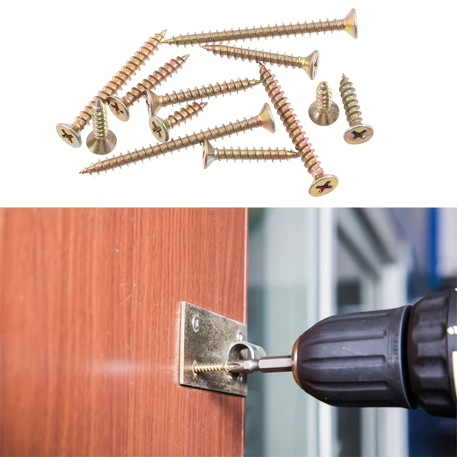 MIVM 380-teiliges Holzschrauben-Set aus Stahl, Farbverzinkte Phillips-Flachkopf-Blechschrauben und Trockenbauschrauben in Gold, M3.5 M4 M5 - Bild 4