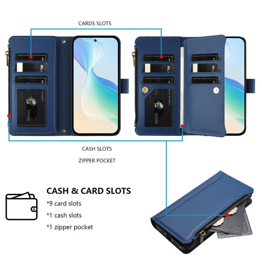 Xiaomi Crossbody Lederhülle mit Reißverschluss und 9 Kartenfächern für Redmi 15 5G 4G, Redmi 15C und Redmi Note 15 14 Pro Plus in Blau und Lila - Bild 2