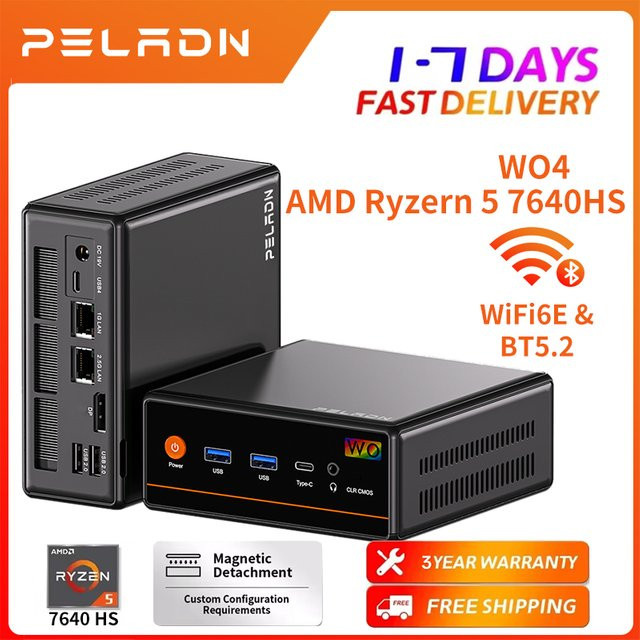 Peladn Mini-PC mit AMD Ryzen 7640HS, 16GB DDR5, 1TB NVMe SSD, Windows 11, Dual LAN, Type-C, DisplayPort und HDMI in Schwarz - Bild 1