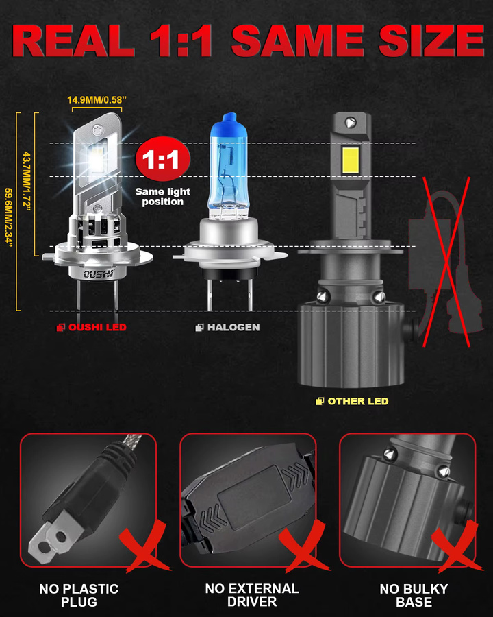 OUSHI H7 LED Scheinwerfer Set Canbus High Power Auto Birnen 6000K Weiß für Peugeot 2008 2015 bis 2024 in Weiß und Silber - Bild 2