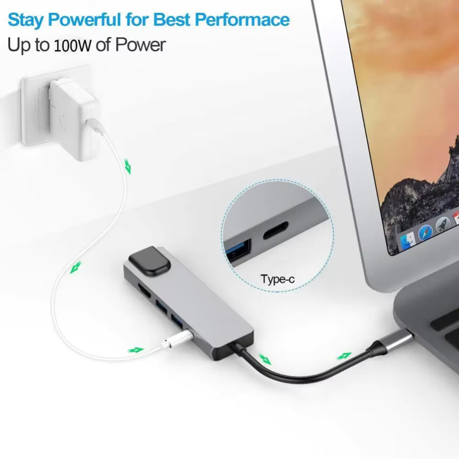 FC&EC 5-in-1 USB-C-Hub Typ-C zu 4K-HD-Adapter mit RJ45-Netzwerkanschluss und 100M-Ethernet-LAN-Ladeanschluss für Macbook Pro - Bild 2