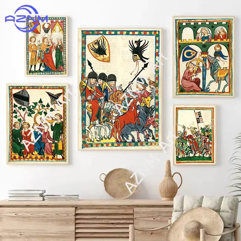 KAYOU Retro Leinwandgemälde Mittelalterliche Europäische Kunst mit Liebenden auf Pferden als Wandbild in Mehrfarbig - Bild 2
