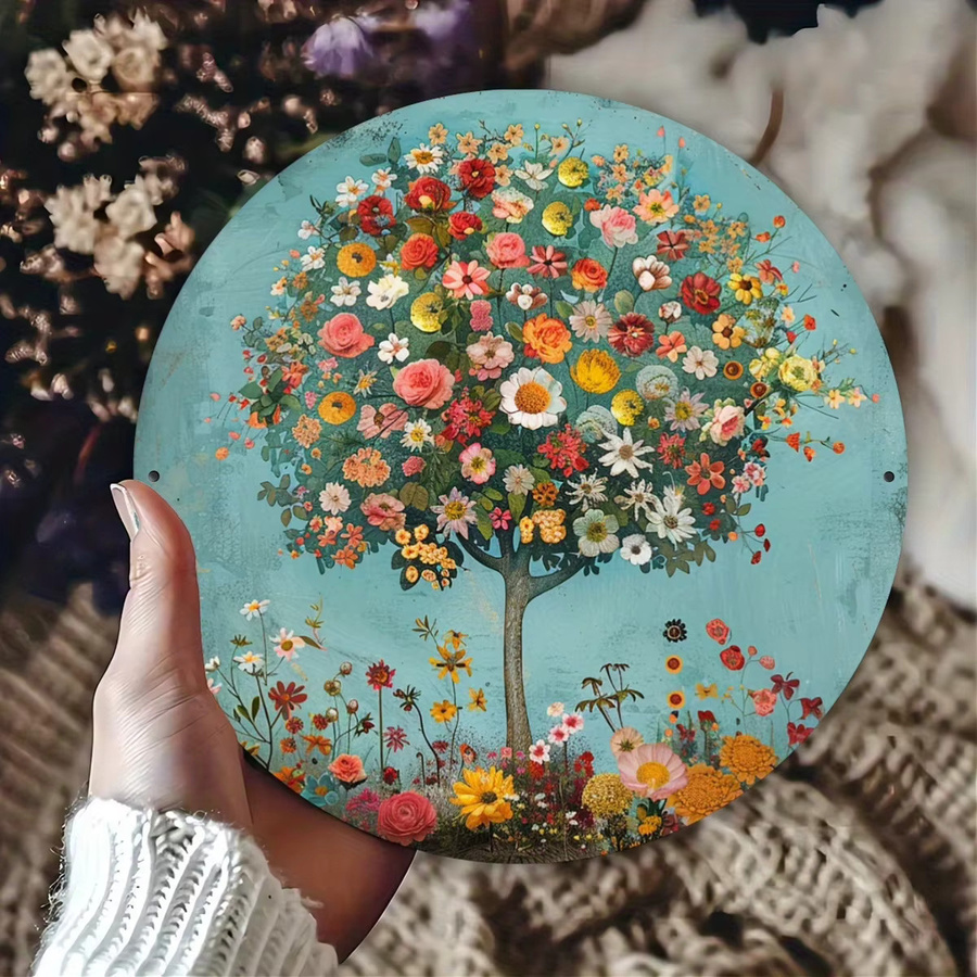 Potdemiel Vintage-Blumenbaum des Lebens Metall-Wanddekoration, rundes Eisenschild mit floralem Design in Mehrfarbig und Grün, Durchmesser: 20 cm - Bild 2