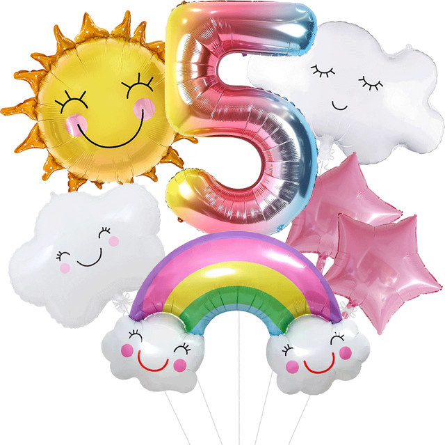 EsenTroye Regenbogen-Geburtstagsballons-Set, mit Sonnensternen, Wolken und 32 Zoll Zahlen, 1–9 Folienballon, Mädchen-Regenbogen-Partydekorationen - Bild 1