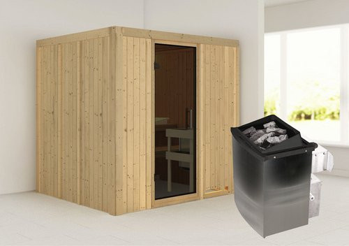 Karibu Sauna Rakvere aus Fichtenholz mit 9 kW Saunaofen und integrierter Steuerung für 3 Personen, Farbe: beige - Bild 1