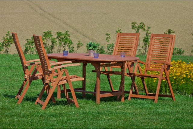 Merxx Tischgruppe Cordoba 5-tlg. aus Eukalyptusholz in Beige und Braun mit ovalem Auszugstisch - Bild 1