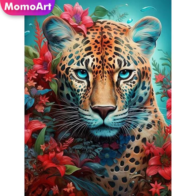 Momoart 5D Diamantmalerei Leopard Tierbild mit Blumen als DIY Diamant-Mosaik Set in Multicolour, Breite: 20 cm, Höhe: 30 cm - Bild 1
