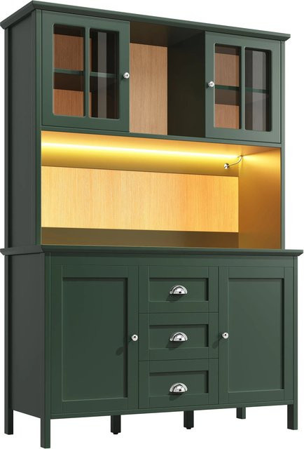Merax Küchenschrank in Grün mit Glastüren und LED-Beleuchtung, B/T/H: 120 x 40 x 179 cm - Bild 1