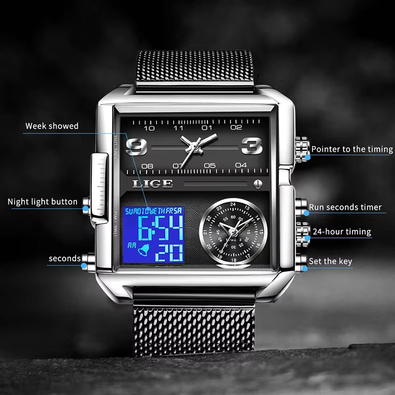 LIGE Armbanduhr, Chronograph, Quarz, Edelstahl, Schwarz, Herren - Bild 3