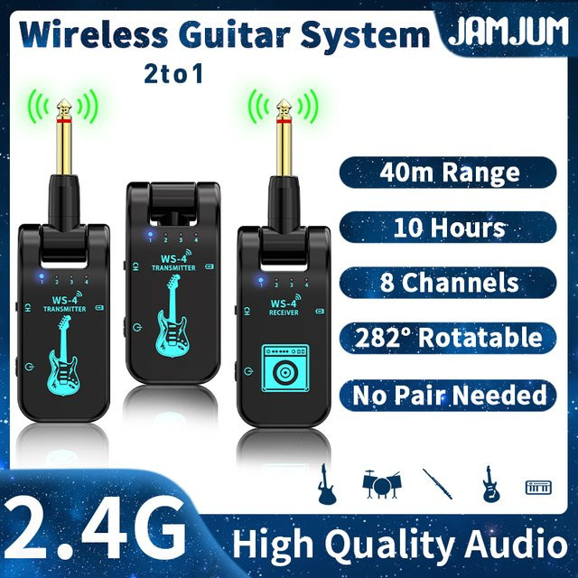 JAMJUM Gitarren-Funkübertragungssystem 2,4G mit 2 Sendern und 1 Empfänger für E-Gitarren in Schwarz oder Weiß - Bild 1