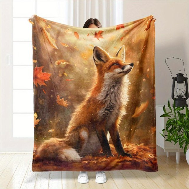 Gemütliche Plüsch Decke mit Fuchs-Tierdruck in Orange von CSQ Nine, B/B: 130 x 150 cm - Bild 1