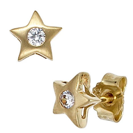 Colfem Ohrstecker Stern, 333 Gelbgold, mattiert, 2 Zirkonia, Unisex - Bild 1