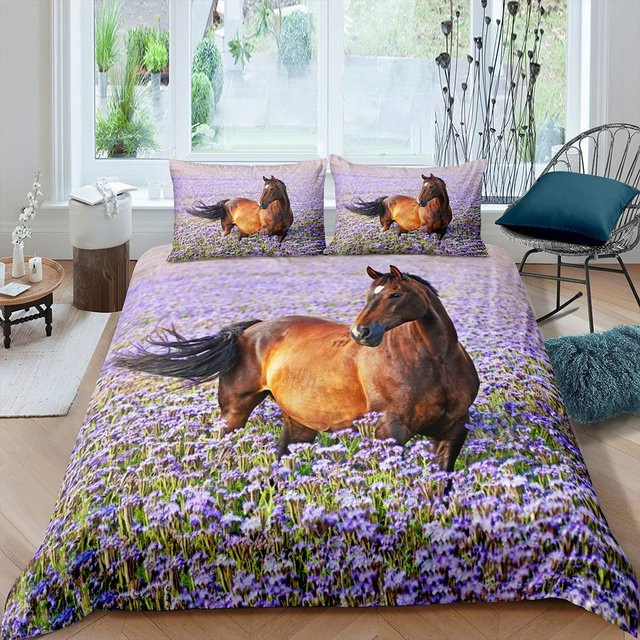 Bettwäsche Set Monika Chen mit Kirschblütenzweigen und galoppierendem Pferd in Lila, 3-teilig, B/H: 135 x 200 cm - Bild 1
