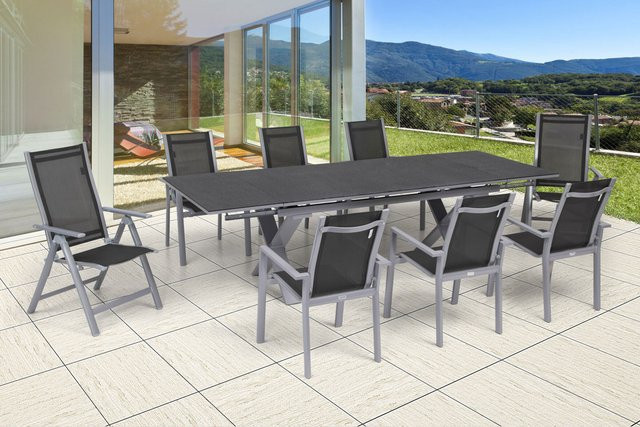 OUTFLEXX Garten-Essgruppe in Silber aus Aluminium mit Keramik-Tisch und 8 Sitzgelegenheiten inklusive 6 Stapelsesseln und 2 Klappstühlen, Tisch B: 180 bis 280 cm, T: 100 cm - Bild 1