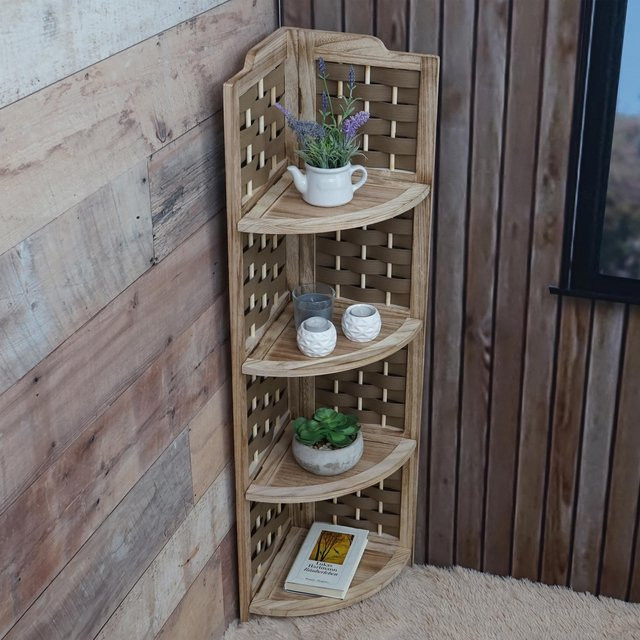 Klappbares Eckregal MCW-K85 aus Paulownia Holz in Braun mit 4 Ablagen und Geflecht, Höhe: 110 cm - Bild 1