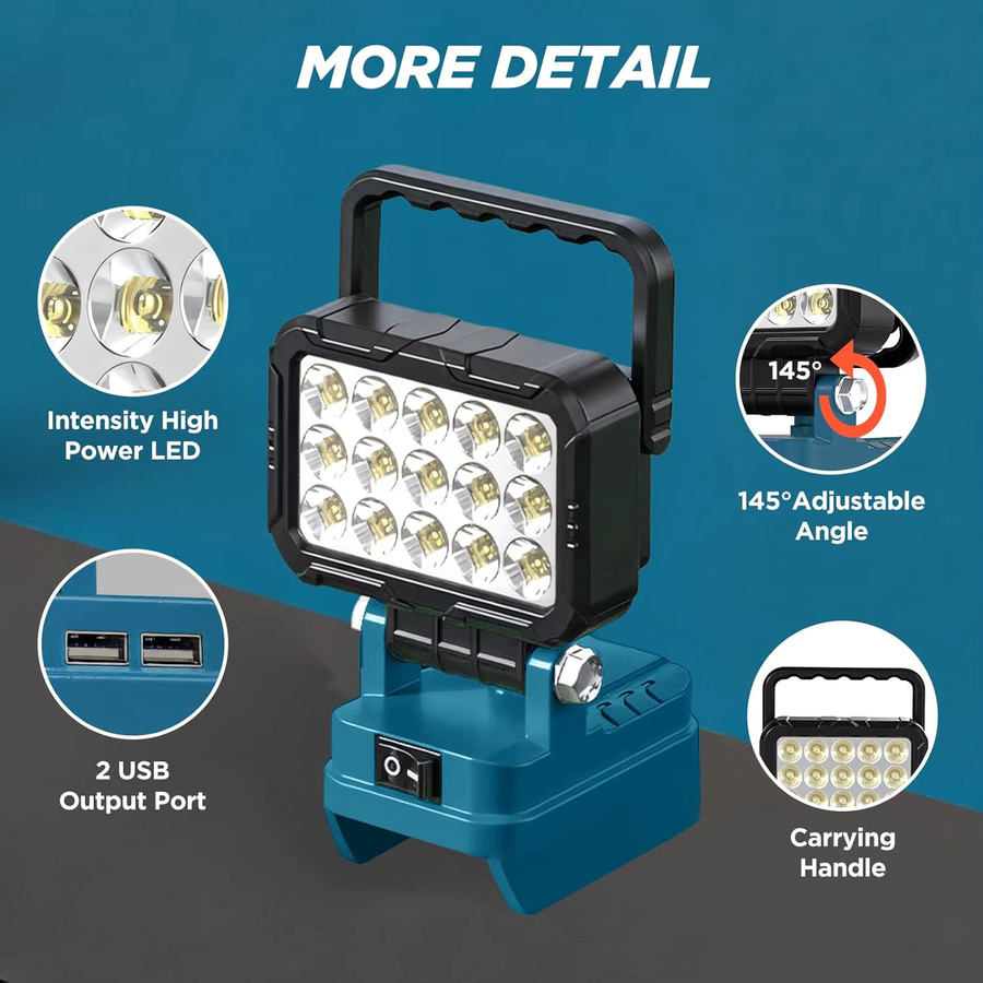 Makita LED-Arbeitsleuchte mit 2 USB-Ladeanschlüssen für 18 V Li-Ionen-Akkus, schwarzer LED-Scheinwerfer für Camping und Outdoor-Einsätze - Bild 2