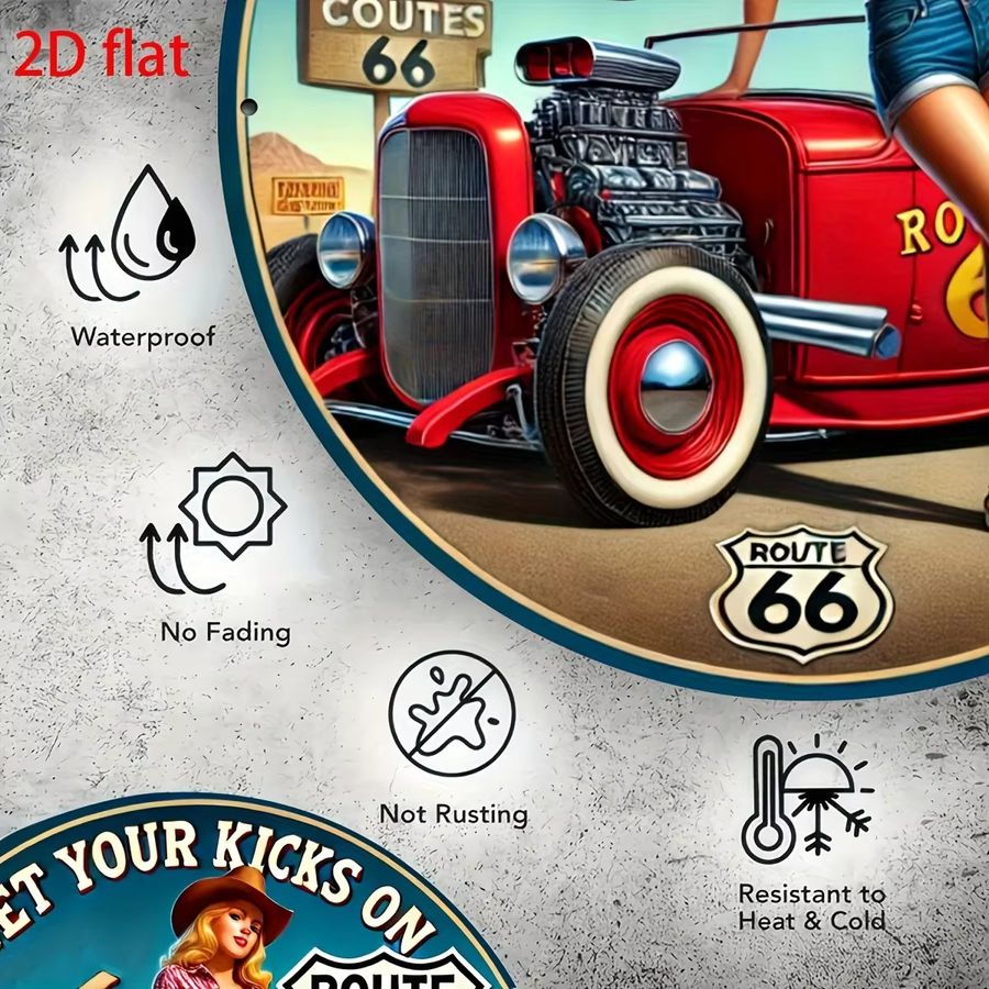 Vintage Route 66 Aluminium-Wandschild von CIFBUY mit Auto und roten Rosen, B/B/B: 20,3 x 20,3 x 0,1 cm - Bild 4