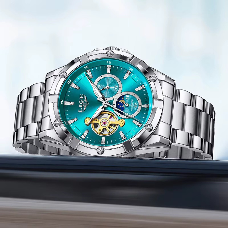 LIGE Armbanduhr Automatik, Edelstahl, Silber, Grün, Herren - Bild 2