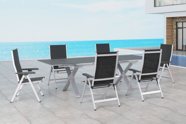 Kettler BasicPlus Garten-Essgruppe in Silber und Anthrazit mit ausziehbarem Tisch und 6 Klappstühlen aus Aluminium und Spraystone - Bild 1