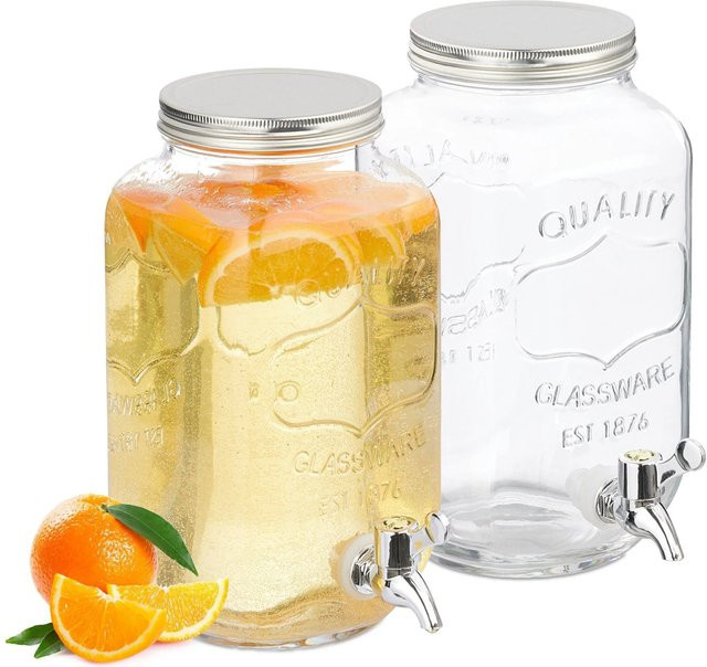 Relaxdays Getränkespender aus Glas in Transparent mit Zapfhahn und Deckel, 2er Set, Volumen: 3.500 ml pro Spender - Bild 1
