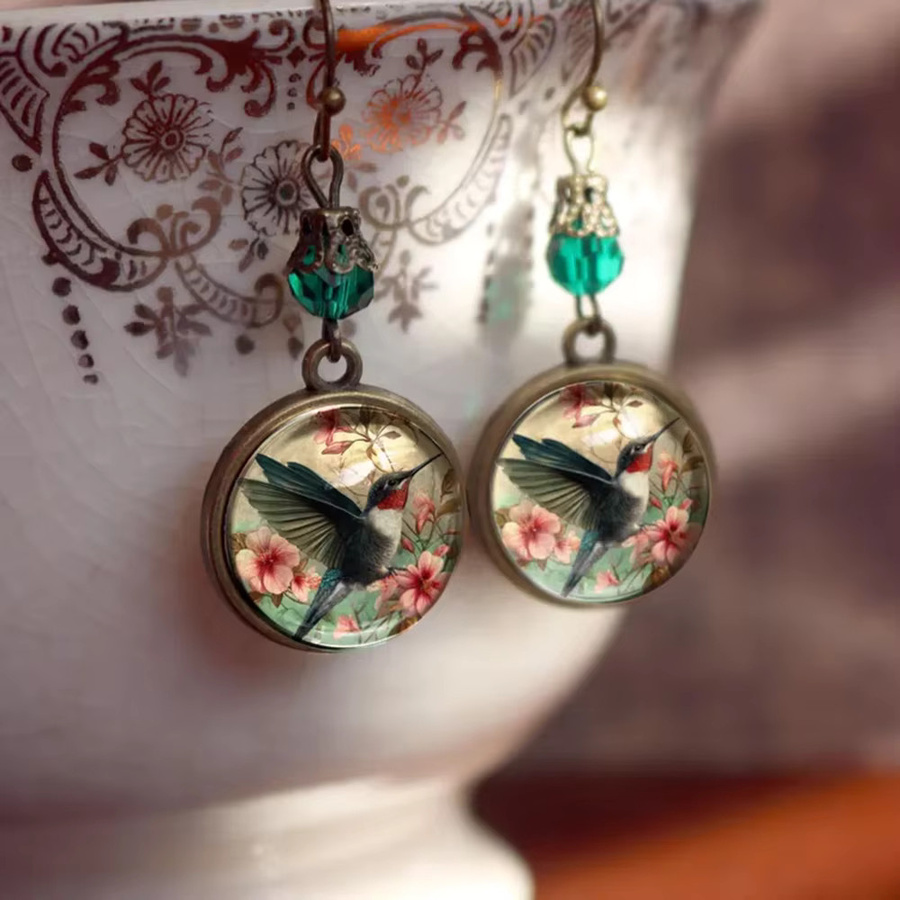 konminry Ohrringe, Vintage, Perle, Kolibri, Blume, Glas, Messing, Gold, Damen - Bild 4