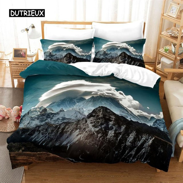 Königin Bettwäsche-Set mit Kissenbezug Schneebedeckte Berglandschaft Blau Microfaser B/H: 135 x 200 cm - Bild 1