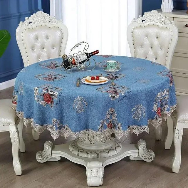 Runde Jacquard Tischdecke mit Blumenmuster und Spitze von JINGYUE Pet in Blau, Durchmesser: 180 cm - Bild 1