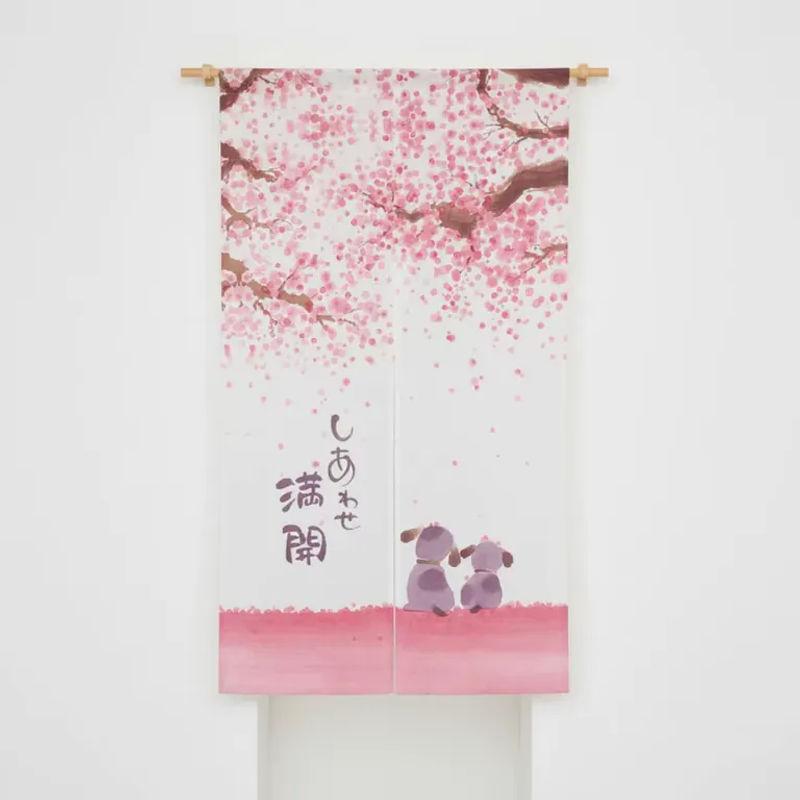 VIKAMA Warme Türvorhänge im japanischen Stil mit Happy Dog- und Kirschblütenmuster, Mehrfarbig - Bild 3