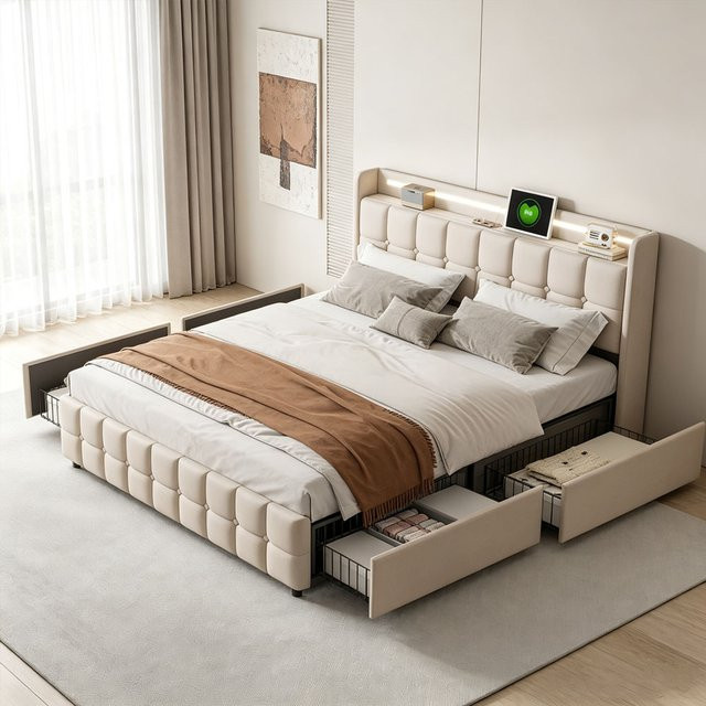 Superaly Polsterbett mit 4 Schubladen und Stauraum im Kopfteil aus Leinen in Beige, B/T: 160 x 200 cm - Bild 1