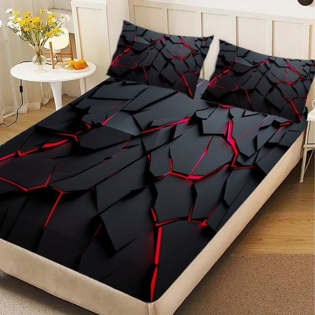 3-teiliges YHXSLY Spannbettlaken-Set mit 3D-Grafikdruck in Rot, Schwarz und Grün, Breite: 90 cm, Tiefe: 200 cm - Bild 1