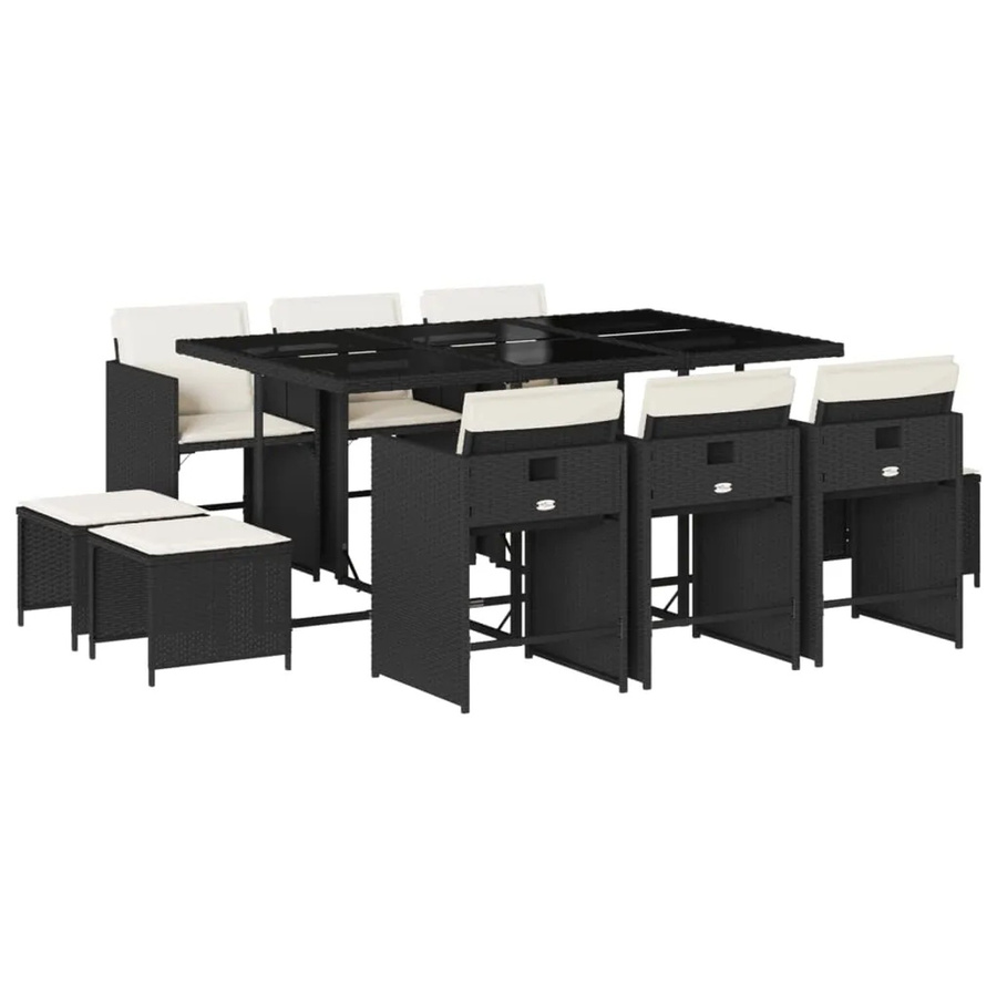 vidaXL 11-tlg Garten-Essgruppe aus Poly Rattan mit Kissen und Hartglas, Schwarz - Bild 2