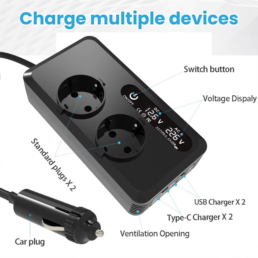 Kebidumei Auto-Wechselrichter 200W 12V auf 230V mit USB-C-Anschluss und Zigarettenanzünder-Stecker in Schwarz - Bild 5