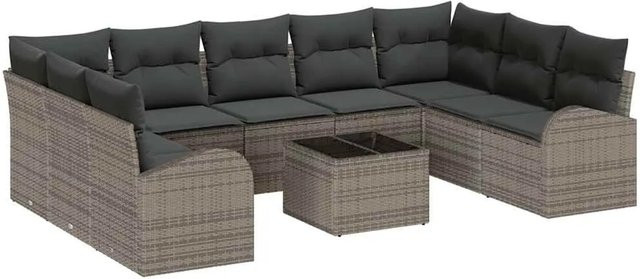 vidaXL Garten-Sofa-Set 10-teilig aus Poly-Rattan in Grau mit Kissen und Tisch - Bild 1