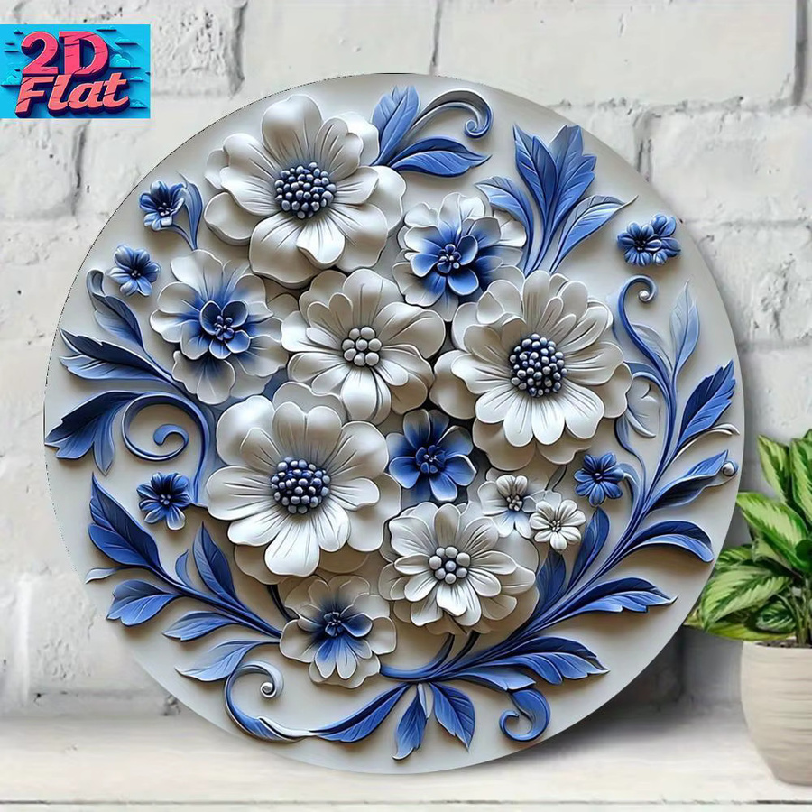 Moderne Metall-Wandkunst von CIFBUY mit blau-weißer Blumen-Dekoration in runder Form - Bild 3