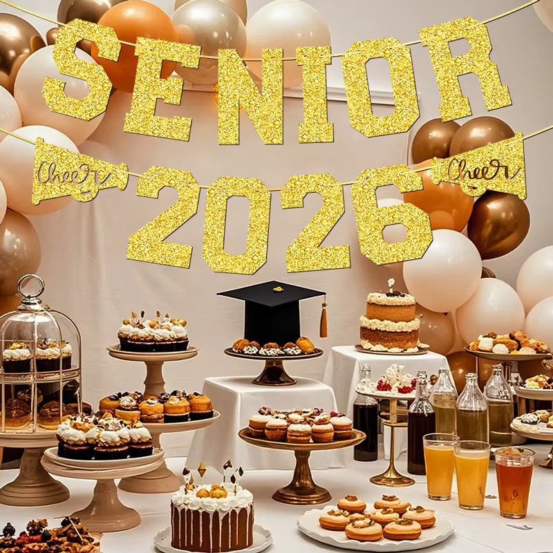 YOMDID Abschlussbanner Seniors 2026 Gold mit Wimpel-Elementen als Partydeko für Abschlussfeiern und Senioren-Partys - Bild 2
