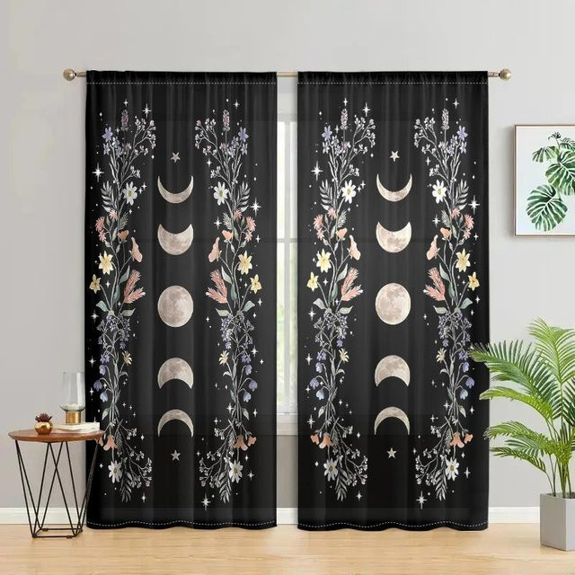 2er-Set Fensterdekoration mit böhmischem Blumen-, Sonne- und Mond-Design in Gotischer Ästhetik, Grau, B: 150 cm, H: 166 cm - Bild 1