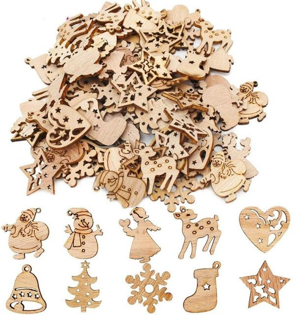 Love Home Garden 100er Set Weihnachtsdekoration aus natürlichem Holz in Retro-Optik mit Motiven wie Weihnachtsmann, Schneemann und Rentier als hängende Figuren - Bild 1