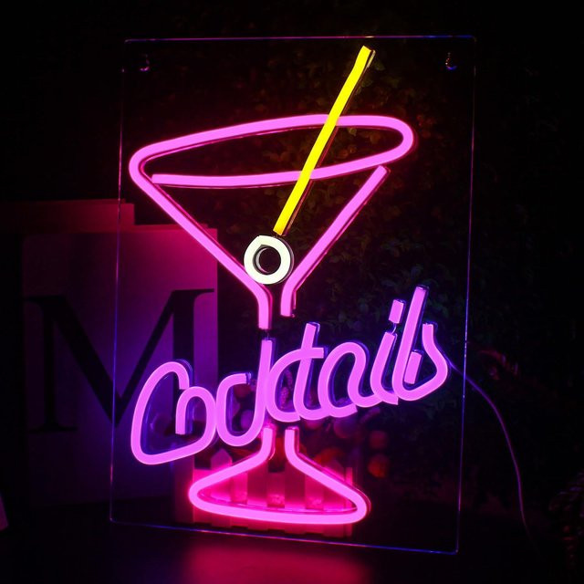 NEONAEON LED Neon-Cocktail-Schild in Pink und Lila als Wanddekoration mit Weinglas-Motiv - Bild 1