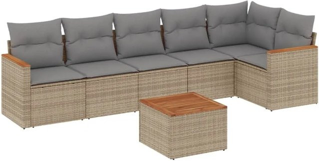 vidaXL 7-tlg. Garten-Sofagarnitur in L-Form aus Poly-Rattan und Akazienholz mit Kissen in Beige - Bild 1