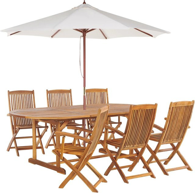 Beliani Gartentisch Set MAUI aus Akazienholz in Heller Holzfarbe und Beige, B/T/H: 160 x 100 x 74 cm - Bild 1
