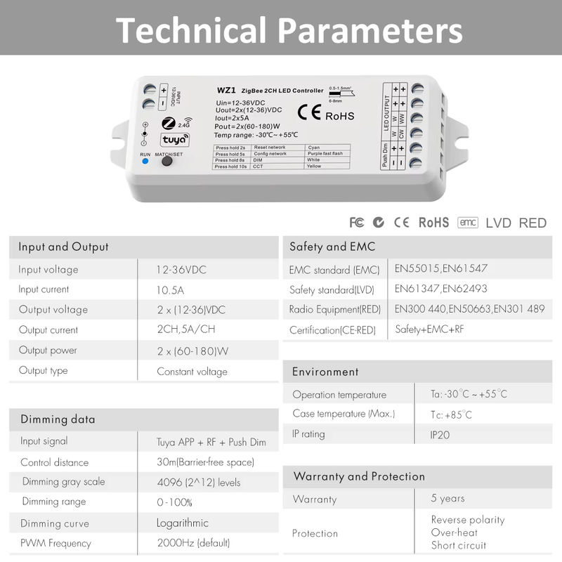 Tuya Zigbee LED Streifen Dimmer Controller für 12V 24V mit WLAN, CCT, WW, CW und RF Unterstützung, kompatibel mit Alexa und Yandex Alice - Bild 2