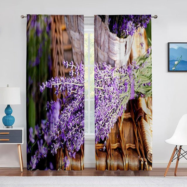 Yiran Furniture Transparente Tüll-Voile-Vorhänge mit floralem Fliederblumen-Muster in Lila, 2er-Set, Breite: 100 cm, Höhe: 130 cm - Bild 1