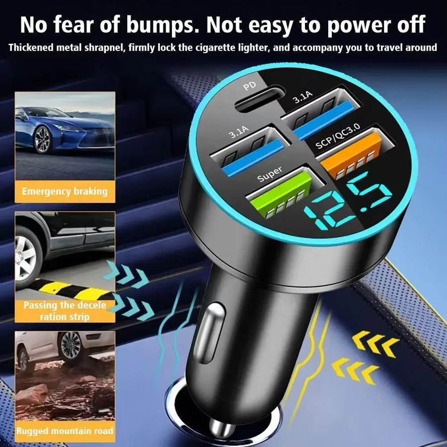 PD-Autoladegerät mit 250 W und QC3.0 Schnellladung, 5-Port USB-C Zigarettenanzünder-Stecker mit Digitalanzeige in Schwarz - Bild 2