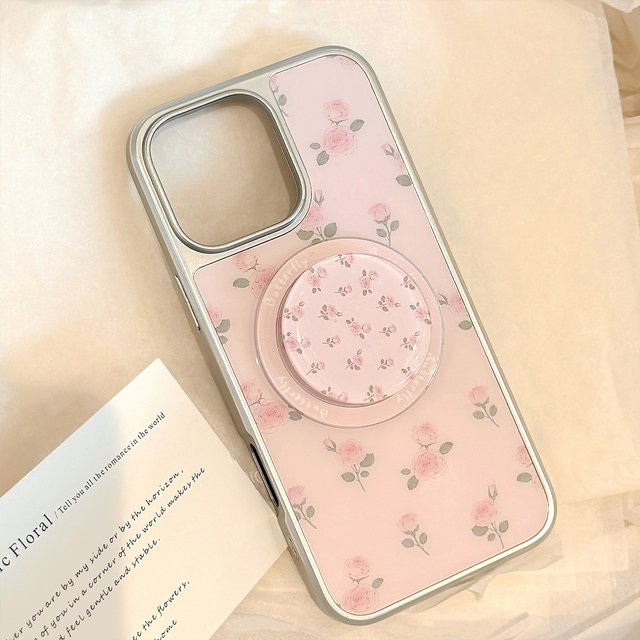 Magnetische Handyhülle mit rosa Rosen-Floral-Design und Silberrand für Apple iPhone 17, 16, 15, 14, 13, 12 Pro Max, stoßfeste Hartschale in Pink und Silber - Bild 1