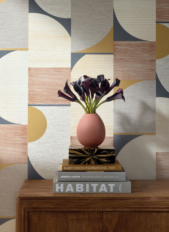 Thibaut Tapete Saturn mit abstraktem geometrischem Retro-Design in Schwarz und Metallic Copper - Bild 2