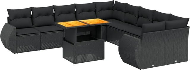 vidaXL 11-teilige Garten-Sofagarnitur in L-Form aus Polyrattan und Akazienholz mit Kissen, Schwarz - Bild 1