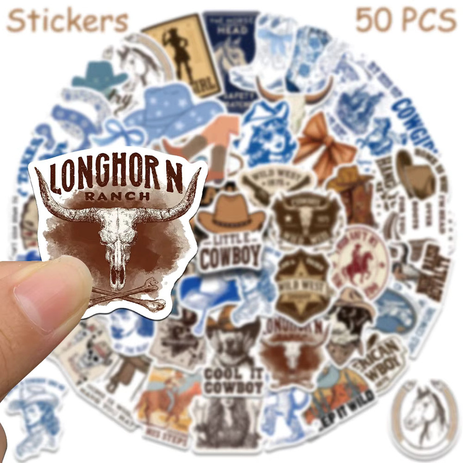 50 Stück Cowboy-Aufkleber in Blau und Braun, wasserfeste ästhetische Sticker für Laptop, Skateboard und DIY-Projekte - Bild 3