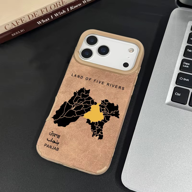 Handyhülle mit Punjab-Karte für Apple iPhone 16 15 14 13 12 11 Pro Max XR XS in Braun aus Kunstleder und Wildleder - Bild 4
