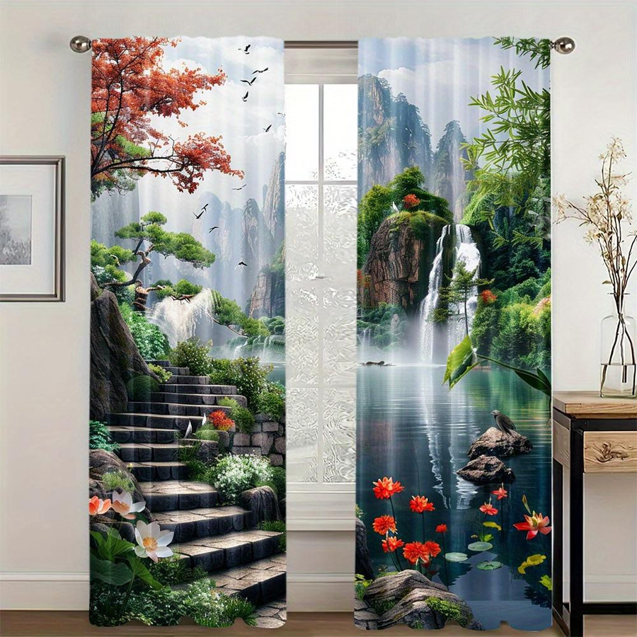 Yiran Furniture 2er-Set Zeitgenössische Landschaftsvorhänge mit Wasserfall-Motiv, Lichtfilternd und Dekorativ, Polyester, Mehrfarbig, Breite: 100 cm, Höhe: 130 cm - Bild 2