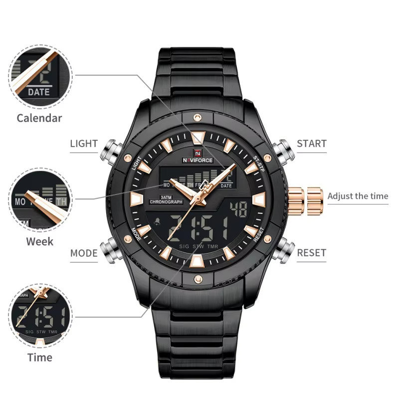 NAVIFORCE Armbanduhr, Chronograph, Quarz, Edelstahl, Schwarz, Herren - Bild 2